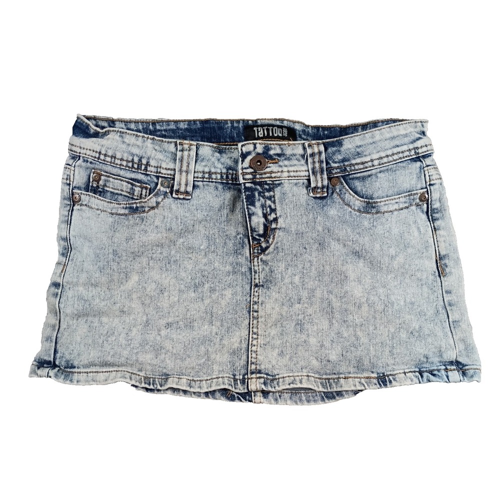 Tattoo Jeans 29 Denim Jean Skirt Acid Wash Micro Mini Low Y2K Grunge